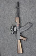 AK-47 Tactical Edition gel toy shooter HD7494A featuring realistic wood-grain finish, curved magazine, and tactical scope.