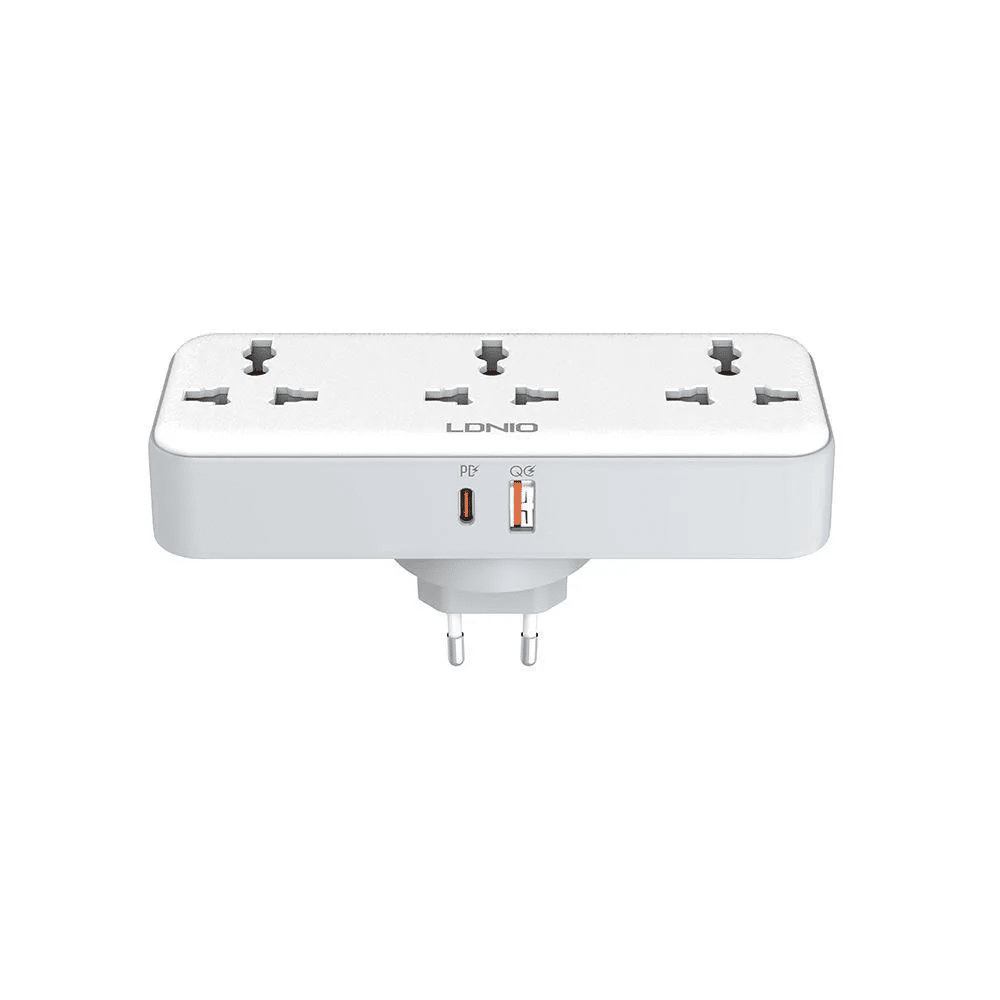 LDNIO SC3317 Power Strip showing its 180-degree rotatable design and 3 AC outlets.