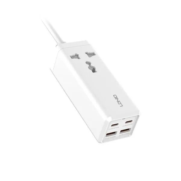 LDNIO SC1418 65W PD Desktop Power Strip showing its AC outlets and fast charging USB ports.