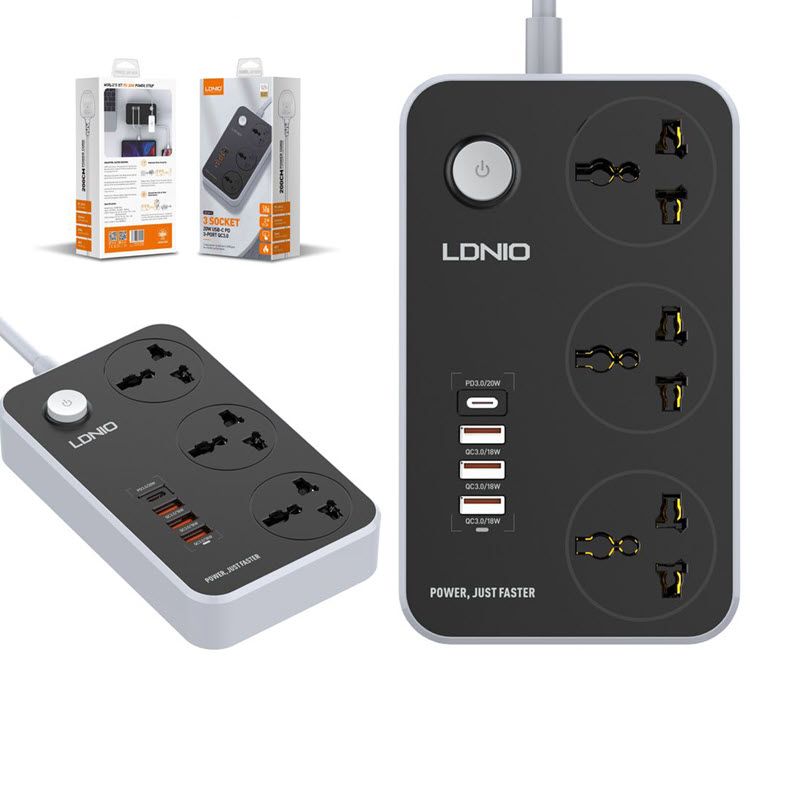 LDNIO SC3412 38W PD20W Power Strip showing 3 USB ports and 3 AC outlets.