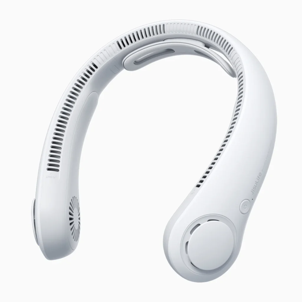 JISULIFE Neck Fan Life 4 showing its 80 air outlets and adjustable silicone neck collar.