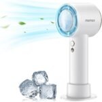 Momax Ultra Freeze Portable Fan IF15 showing its icy cooling plate and sleek metallic design.