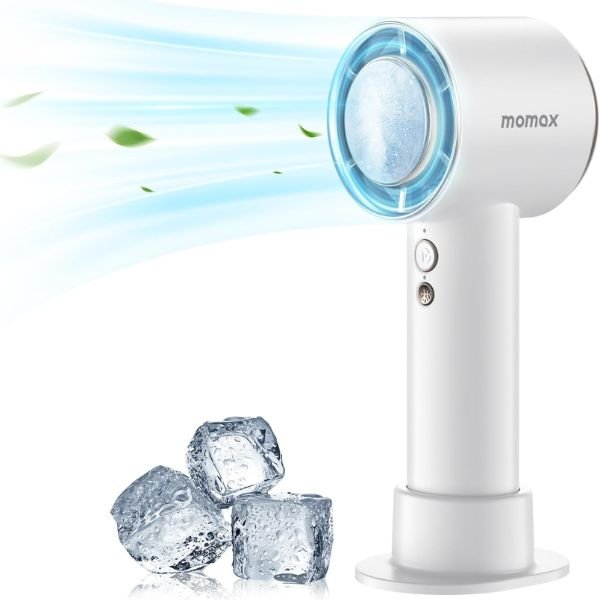 Momax Ultra Freeze Portable Fan IF15 showing its icy cooling plate and sleek metallic design.