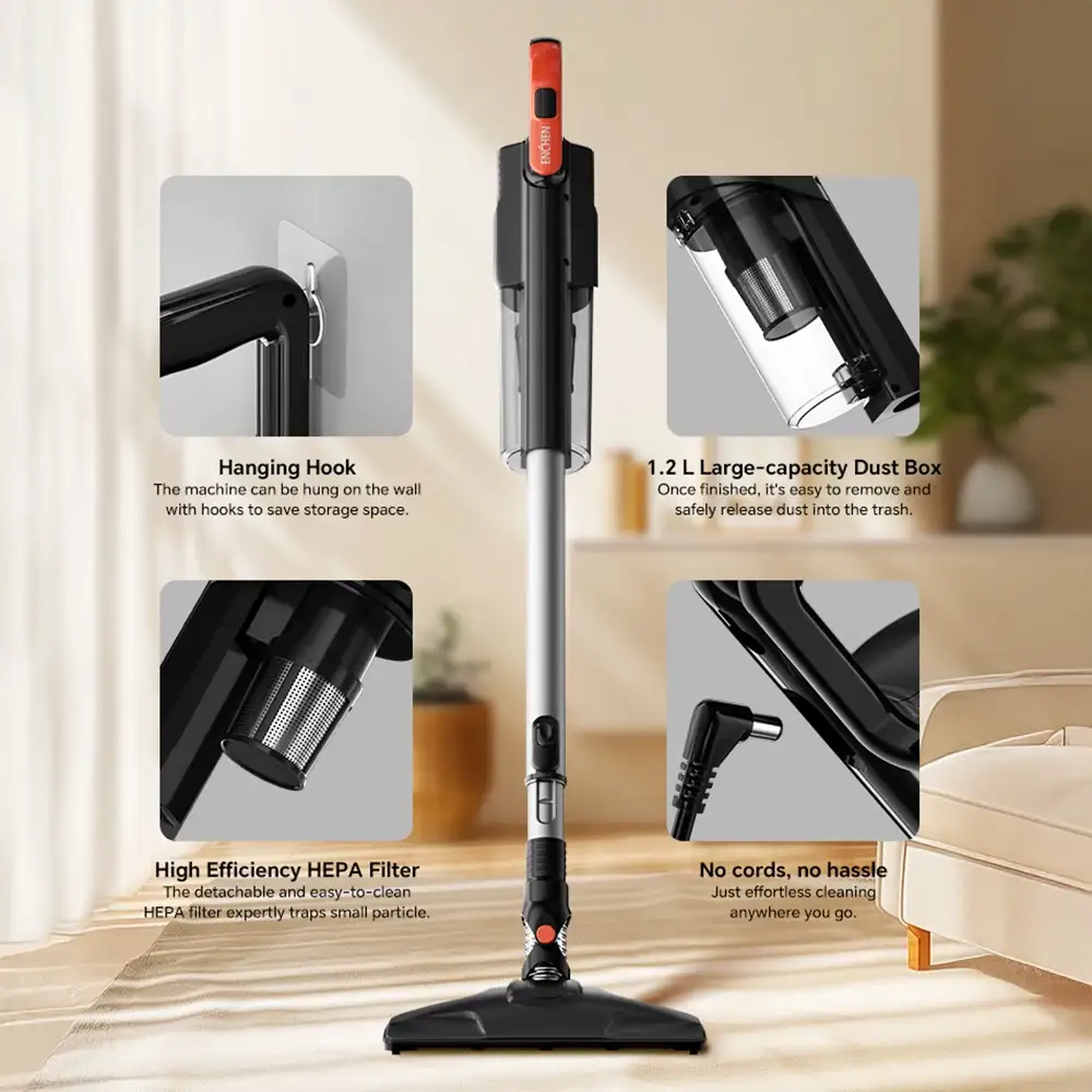 Enchen V3 Plus Cordless Vacuum Cleaner showing its 2-in-1 stick design and attachments.