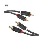 UGREEN 10520 2RCA Male to 2RCA Male Audio Cable 5m Black showing its durable color-coded stereo jacks and gold-plated tips in image_72eee5.png