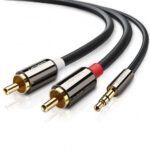 UGREEN 10591 3.5mm Male to 2RCA Male Audio Cable 5m Black showing its durable color-coded stereo jacks and gold-plated tips in image_72eee5.png