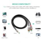 UGREEN 10591 3.5mm Male to 2RCA Male Audio Cable 5m Black showing its durable color-coded stereo jacks and gold-plated tips in image_72eee5.png