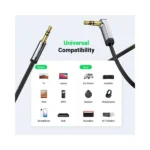 UGREEN 10728 3.5mm Male to 3.5mm Male Straight to angle flat Cable 3m Black showing its thin flat ribbon wire structure and right-angle auxiliary connector tip in image_72eee5.png