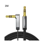 UGREEN 10599 3.5mm male straight plug to 90 degree right angle male auxiliary stereo audio adapter featuring a black flat ribbon cable on a white background