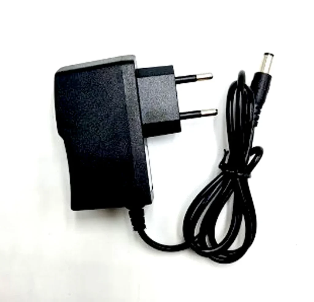 China Link 12V 2A Power Adapter black color wall plug model showing standard DC male pin long copper cable power brick casing specifications label text interface side view front view