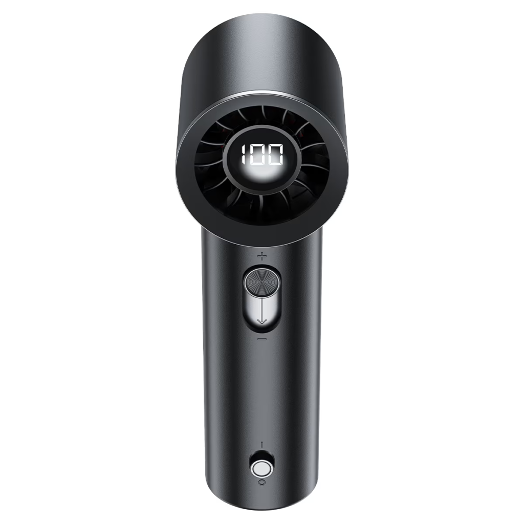 ACEFAST YF1 mini handheld fan with 100 level stepless speed control scroll wheel digital LED display screen Type C charging front view black color