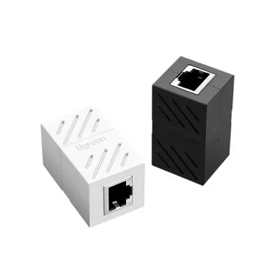UGREEN 20311 RJ45 Network Keystone Jack Inline Coupler showing a small white female-to-female Cat6 internet cable adapter block with a standard modular snap-in frame view
