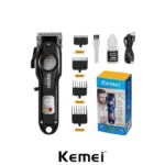 Kemei KM-234 Professional Beard Trimmer & Hair Clipper showing a sleek ergonomic handheld cordless electric hair trimmer with high-grade stainless steel cutting blades, power switch, and a textured grip handle layout view