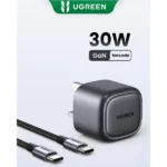 UGREEN 25114 Nexode 30W USB-C PD GaN Fast Charger UK Space Gray compact three pin wall adapter displaying its single high speed Type-C output port on a clear white backdrop