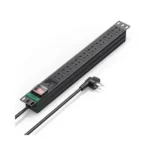 UGREEN 25354 8-Outlet Rack Mount PDU Surge Protector showing a black 1U industrial server power strip with 8 output ports and a red illuminated master power switch view