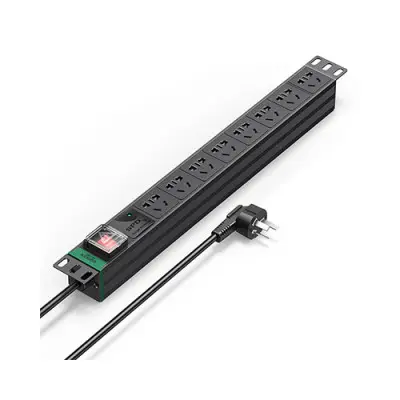 UGREEN 25354 8-Outlet Rack Mount PDU Surge Protector showing a black 1U industrial server power strip with 8 output ports and a red illuminated master power switch view