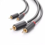 UGREEN 10519 2RCA Male to 2RCA Male Audio Cable 3m Black showing its durable color-coded stereo jacks and gold-plated tips in image_72eee5.png