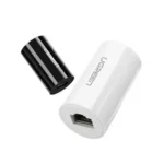 UGREEN 30837 Anti-Thunder RJ45 Ethernet Connector showing a small matte black female-to-female network internet cable surge protector block with dual RJ45 ports view