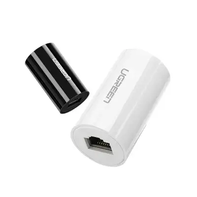 UGREEN 30837 Anti-Thunder RJ45 Ethernet Connector showing a small matte black female-to-female network internet cable surge protector block with dual RJ45 ports view