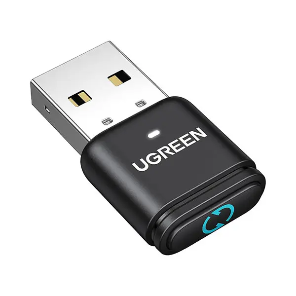 UGREEN 35994 BT301 nano size USB wireless Bluetooth 5.4 adapter and stealth mouse jiggler device in a matte black finish showcasing a physical control button and a standard USB-A connection interface