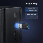UGREEN 35994 BT301 nano size USB wireless Bluetooth 5.4 adapter and stealth mouse jiggler device in a matte black finish showcasing a physical control button and a standard USB-A connection interface