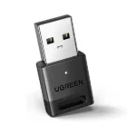 UGREEN 35995 USB wireless long range Bluetooth 5.3 adapter device in a matte black finish showcasing an integrated rotatable high-gain external antenna and a standard USB-A connection interface