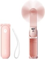 JISULIFE F8 3-in-1 mini foldable fan portable rechargeable pocket fan showing foldable body handle soft TPE safety blades emergency 2000mah mobile power bank feature built-in LED flashlight desktop position front view pastel colors