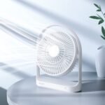 JISULIFE FA19 USB portable rechargeable desk fan with 45 degree adjustable tilt head flat base 4000mAh internal battery power button and Type C input charging port turn on