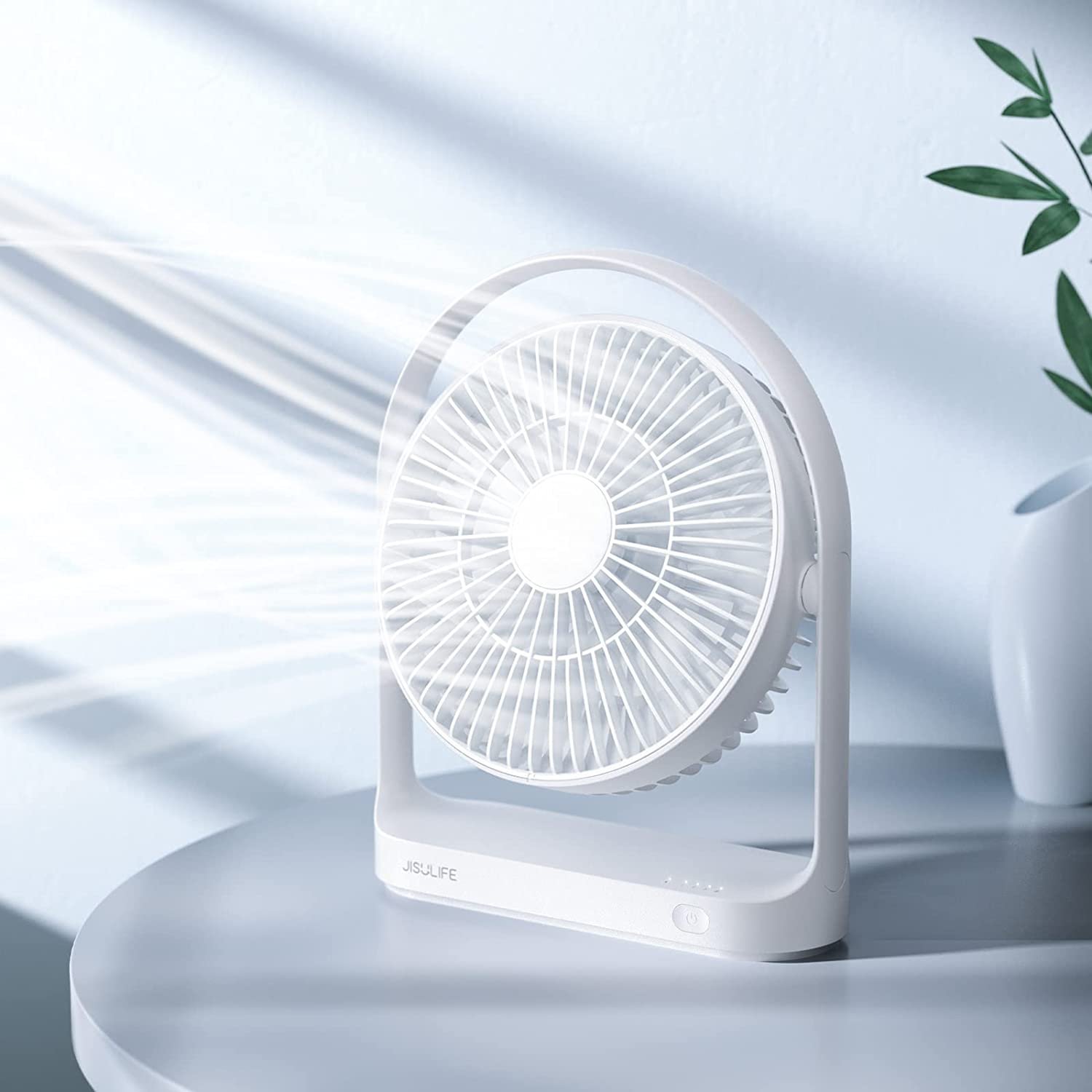 61JML3pdViL._AC_SL1500_ - Copy JISULIFE FA19 USB portable rechargeable desk fan with 45 degree adjustable tilt head flat base 4000mAh internal battery power button and Type C input charging port turn on