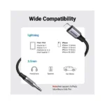 UGREEN 70509 MFi certified audio adapter cable showing its male Apple Lightning plug and gold-plated 3.5mm aux jack enclosed in black aluminum shells with a 1-meter heavy-duty braided nylon cord pattern