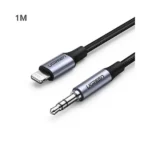 UGREEN 70509 MFi certified audio adapter cable showing its male Apple Lightning plug and gold-plated 3.5mm aux jack enclosed in black aluminum shells with a 1-meter heavy-duty braided nylon cord pattern
