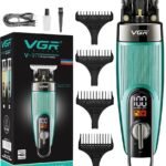 VGR V-975 Hair & Beard Trimmer for Men showing the premium body shell layout, top precision T-blade cutting edge, and front digital LED status screen indicator panel