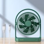 JISULIFE FA19 USB portable rechargeable desk fan with 45 degree adjustable tilt head flat base 4000mAh internal battery power button and Type C input charging port turn on