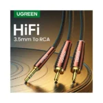 UGREEN 80847 auxiliary stereo adapter cable displaying its gold-plated 3.5mm jack plug and dual color-coded RCA male connectors with luxury copper case shells and a 2-meter black nylon braided wire pattern