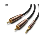 UGREEN 80845 auxiliary stereo adapter cable displaying its gold-plated 3.5mm jack plug and dual color-coded RCA male connectors with luxury copper case shells and a black nylon braided wire pattern