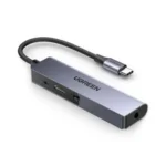 UGREEN 90518 USB-C to 3.5mm audio adapter and 60W PD type c splitter showing gray aluminum shell and braided cable on a white background