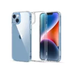 UGREEN 90938 LP617 classy clear enhanced shockproof protective phone case for iPhone 14 showing its transparent back design, flexible clear bumper borders with internal shock absorbing cushions, and raised camera frame borders