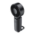 ACEFAST YF2 Handheld Mini Fan showing a compact vertical white portable rechargeable fan with a 90-degree folding head joint, clear digital LED percentage display screen on the handle, 5 internal blades, and an integrated bottom carabiner hook view