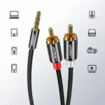 UGREEN 10749 3.5mm Male to 2RCA Male Audio Cable 1m Black showing its durable color-coded stereo jacks and gold-plated tips in image_72eee5.png