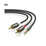 UGREEN 10590 3.5mm Male to 2RCA Male Audio Cable 3m Black showing its durable color-coded stereo jacks and gold-plated tips in image_72eee5.png