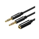 UGREEN 20899 3.5mm Female to 2 Male Audio Cable Aluminum Case (Black) with gold-plated connectors and separate microphone and headphone jacks
