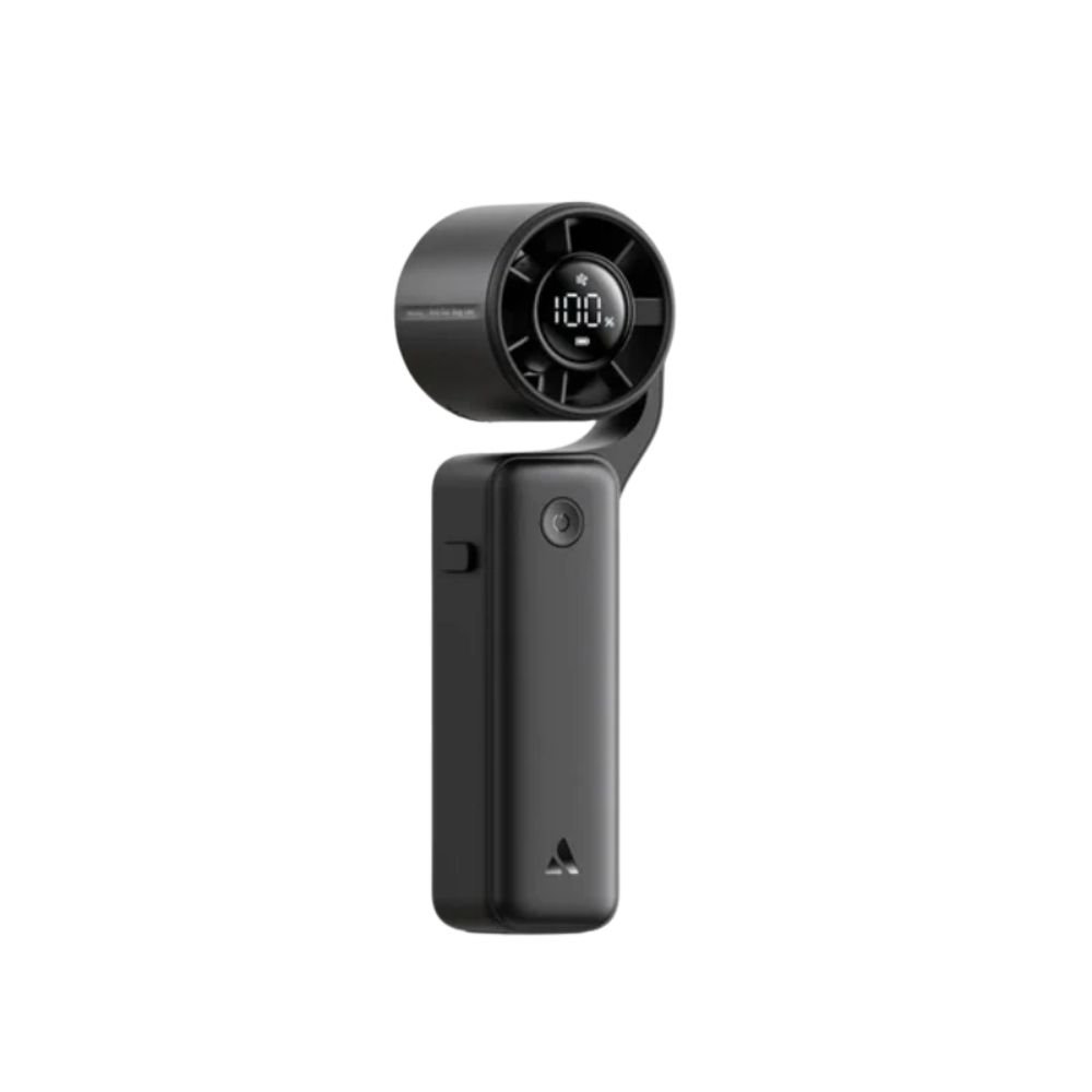 Aecooly-AirGimbal-Portable-Handheld-Turbo-Jet-Force-Fan-PF04 Aecooly AirGimbal PF04 Portable Handheld Turbo Jet Fan rechargeable mini fan showing compact pocket design multi speed control button Type-C charging port front view sleek handle design