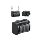 Aecooly Flow 01 PE02 4-in-1 Wireless Waist Fan Black color 9000mAh model showing tough shockproof body belt clips neck strap mount interface digital display ports side view front view
