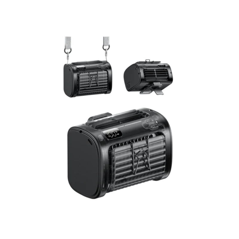Aecooly-Flow-01-PE02-4-in-1-Wireless-Waist-Fan---9000mAh-5936 Aecooly Flow 01 PE02 4-in-1 Wireless Waist Fan Black color 9000mAh model showing tough shockproof body belt clips neck strap mount interface digital display ports side view front view