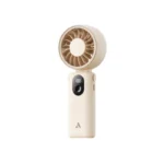 Aecooly Halo 04 PE02 Portable Handheld Fan Brown color rechargeable mini fan showing compact pocket design multi speed control button Type-C charging port front view sleek handle design