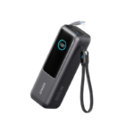 Anker Zolo A1695 165W Power Bank - 25000mAh showing the sleek dark gray high-capacity body shell, integrated retractable USB-C cable mechanism, and front smart digital power readout screen layout