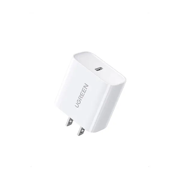 UGREEN 60449 CD137 20W USB-C PD Fast Charging Power Adapter White US plug showing the single Type-C fast-charge output port and two flat power pins on a clear background
