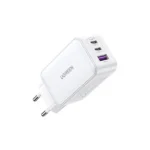 UGREEN 15334 Nexode 65W 3-Port PD GaN Fast Charger EU White wall power adapter highlighting its two USB-C ports, one USB-A port, and standard round European style pins on a clear white background