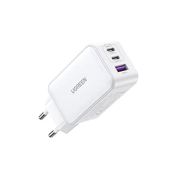 UGREEN 15334 Nexode 65W 3-Port PD GaN Fast Charger EU White wall power adapter highlighting its two USB-C ports, one USB-A port, and standard round European style pins on a clear white background