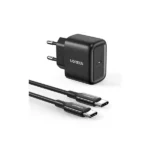 UGREEN 50581 PD Mini Fast Charger 25W European Standard +80145 2M C TO C Cable pack showing the black 25W round pin wall adapter next to the long coiled Type-C cable on a clean white background